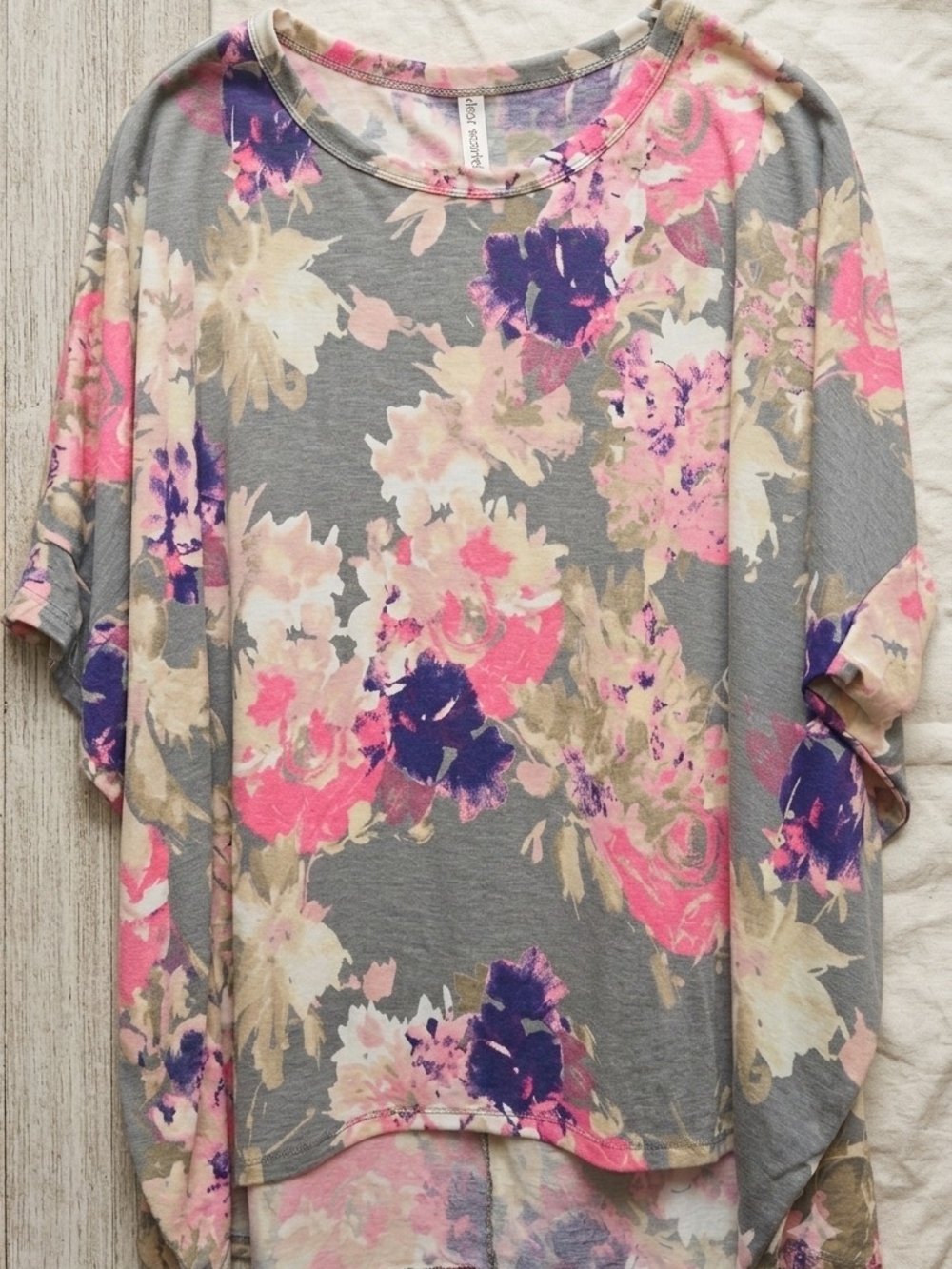 Oversized Floral Dolman Sleeve Women's Top - Gray with Pink & Purple - Medium